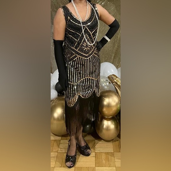 1920s V Neck Sequin Beaded Fringed Dress with 20s Accessories Set - Picture 1 of 7